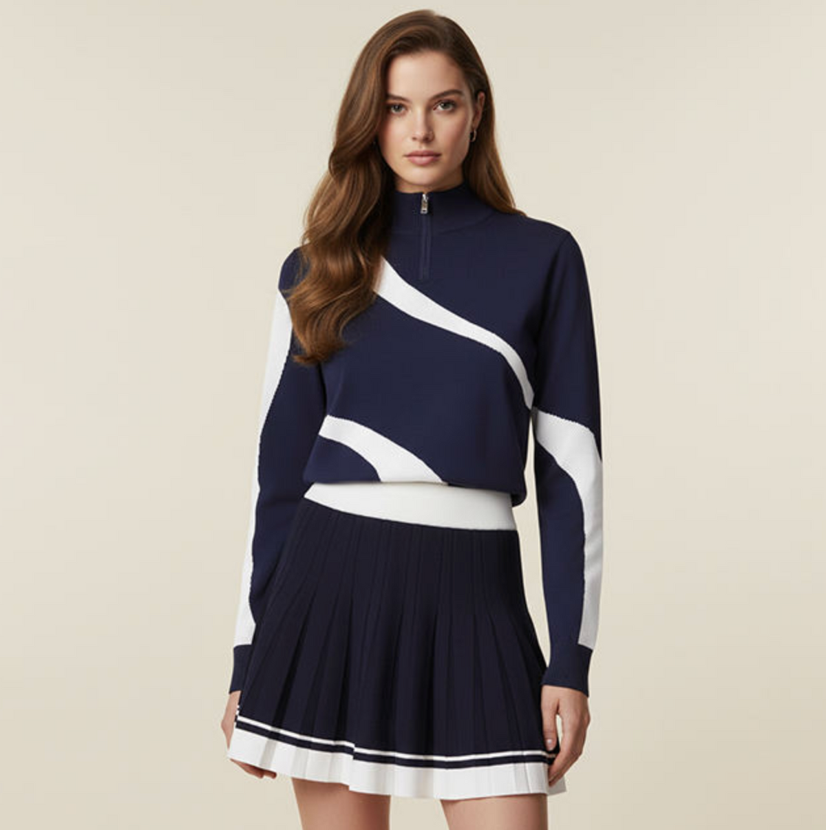 Women’s Sport-Inspired Graphic Zipper Knit Top & Pleated Skirt Set