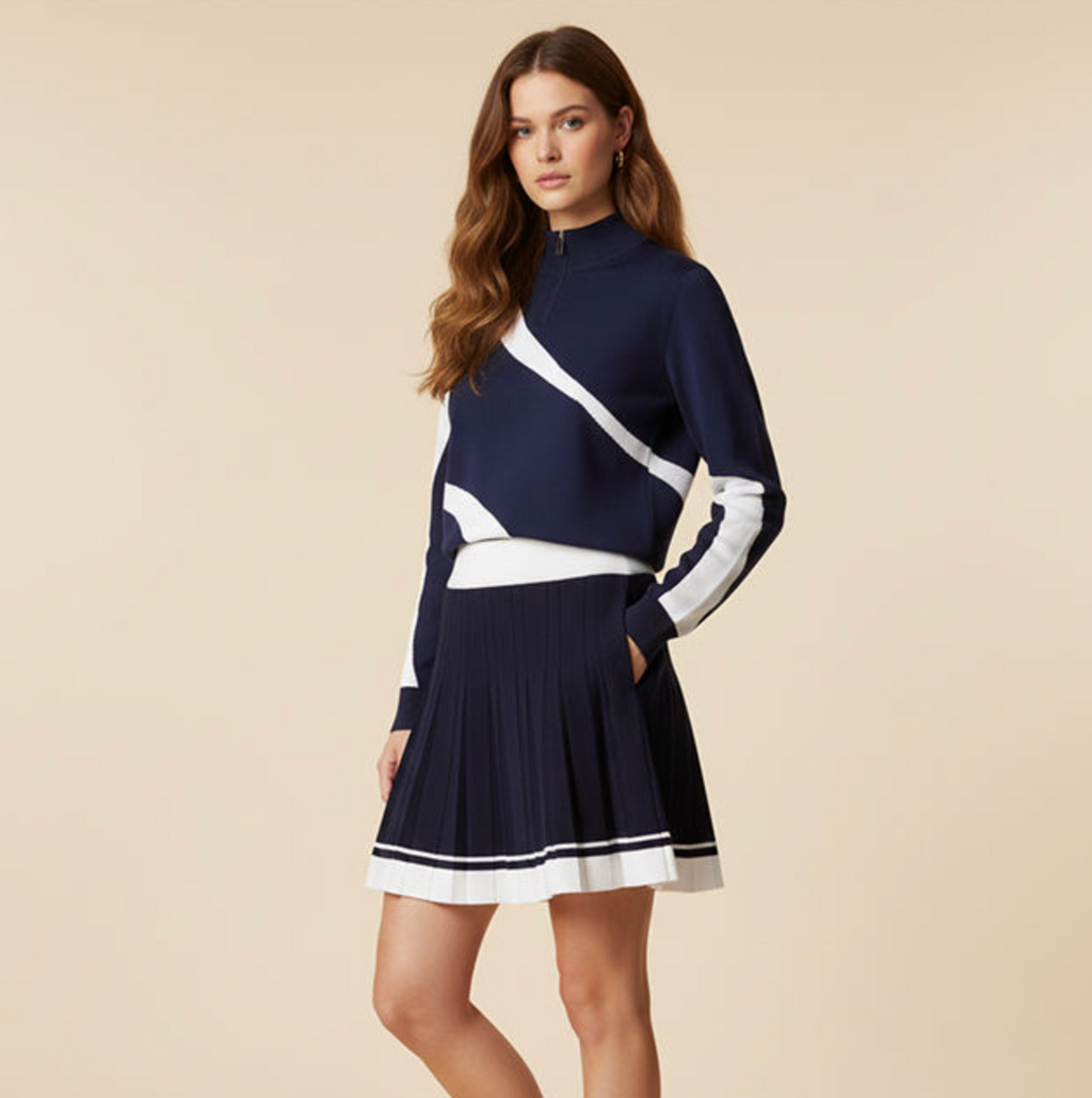 Women’s Sport-Inspired Graphic Zipper Knit Top & Pleated Skirt Set