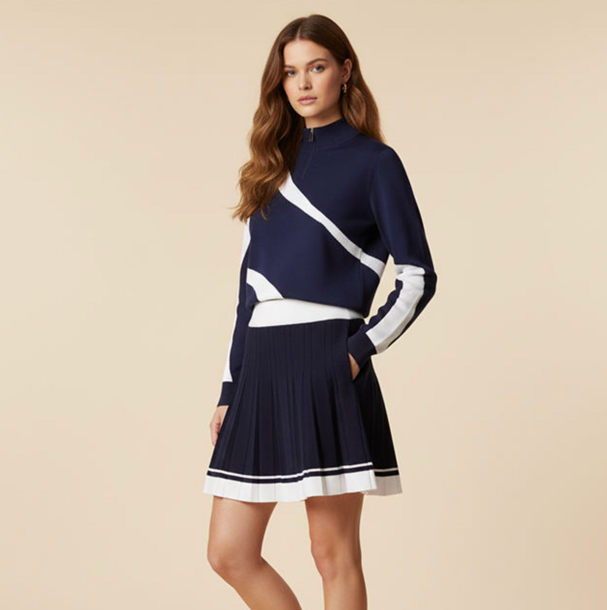 Women’s Sport-Inspired Graphic Zipper Knit Top & Pleated Skirt Set