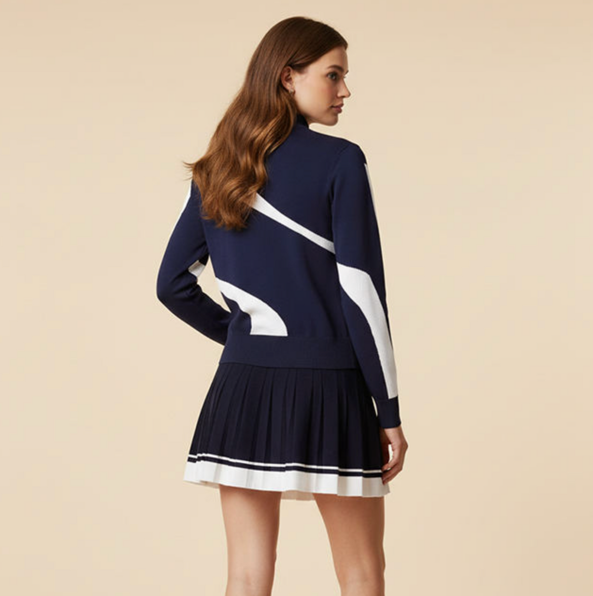 Women’s Sport-Inspired Graphic Zipper Knit Top & Pleated Skirt Set