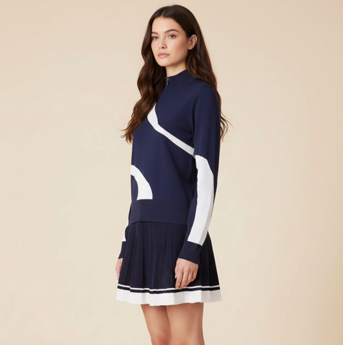 Women’s Sport-Inspired Graphic Zipper Knit Top & Pleated Skirt Set